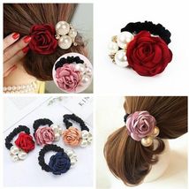 1pc Rose Pearl Rhinestone Hair Bands Solid Flower Elastic Hair Rope Acce... - £8.12 GBP