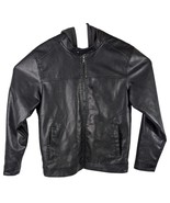Black Faux Leather Biker Jacket Mens Size Large Ring Fire with Gray Hood - $34.65