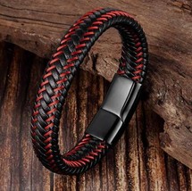 Men&#39;s Red Braided Leather Bracelet Black Magnetic Clasp Bracelet Braided Bracele - £11.35 GBP