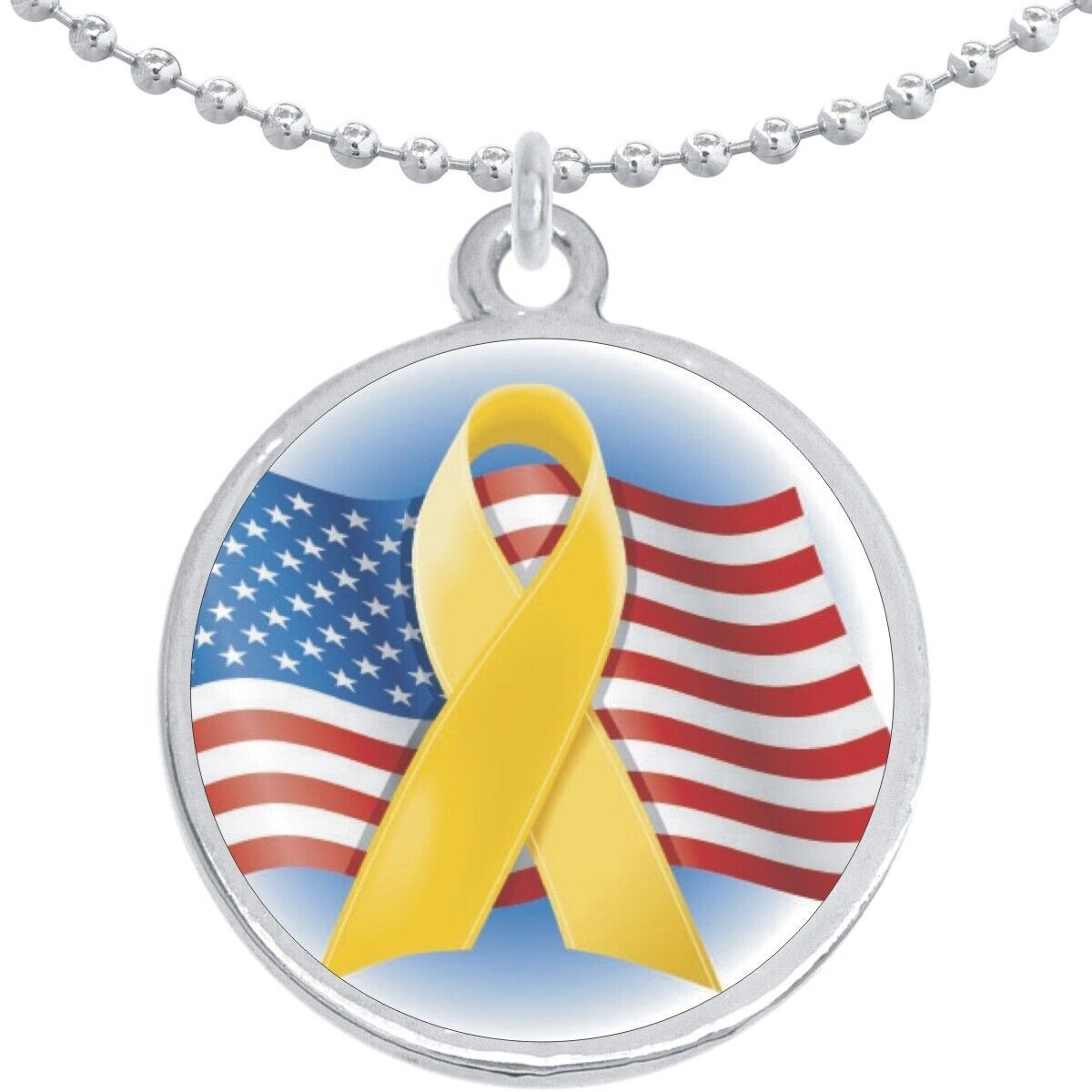Yellow Ribbon Flag Troops Round Pendant Necklace Beautiful Fashion Jewelry - £8.60 GBP