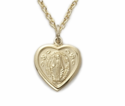 14K Gold Filled Heart Shaped Miraculous Medal Necklace &amp; Chain - £64.09 GBP