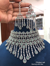 Indian 18k White Gold Filled Bollywood Style Diamond Necklace Big Jewelry Set - $237.49
