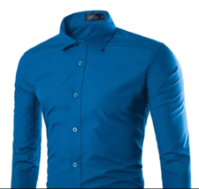 Solid Color Men's Fashionable Color Long Sleeve Shirt - Lake Blue - £11.99 GBP