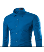 Solid Color Men&#39;s Fashionable Color Long Sleeve Shirt - Lake Blue - £11.99 GBP