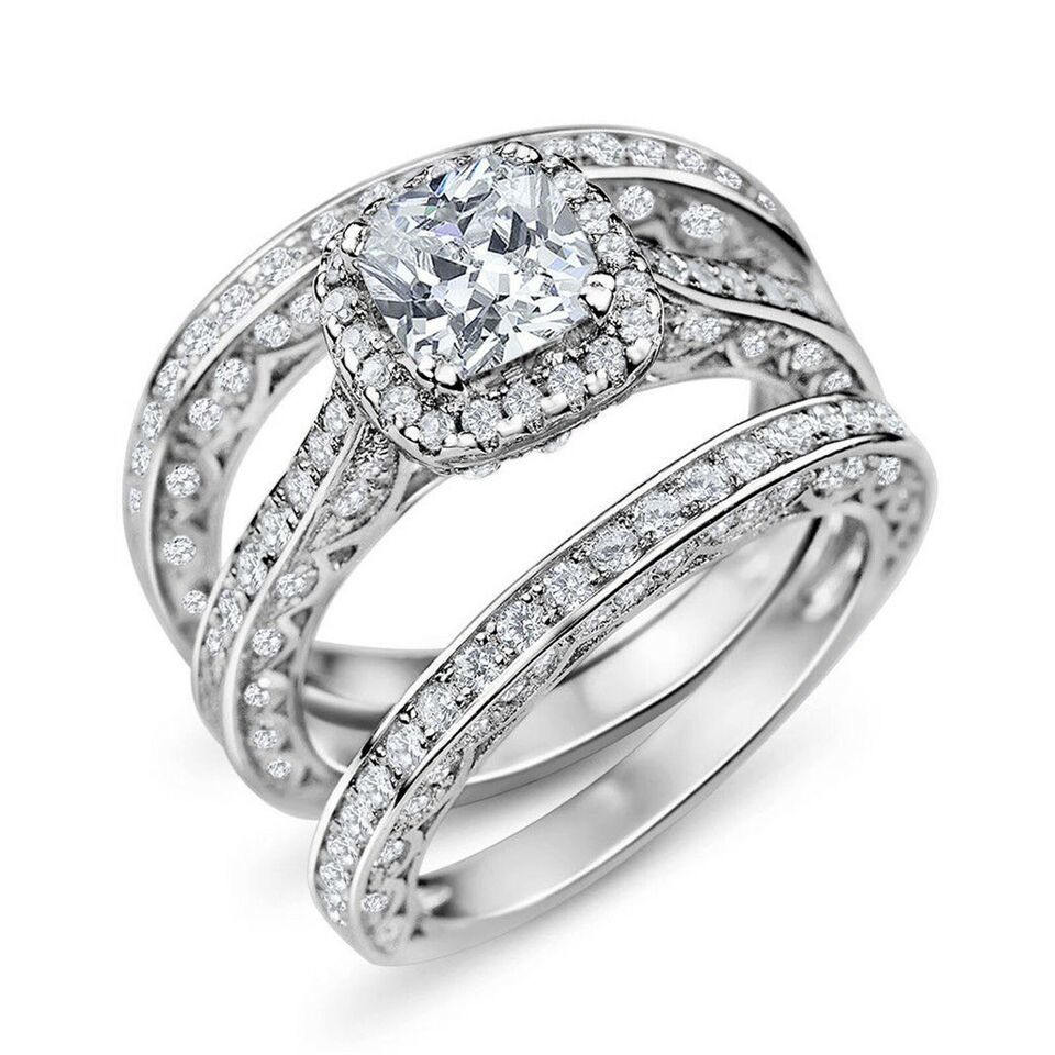 Primary image for 2.50CT Halo Cushion Moissanite 18K White Gold Plated Wedding Engagement Ring Set