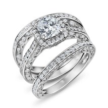 2.50CT Halo Cushion Moissanite 18K White Gold Plated Wedding Engagement Ring Set - £78.44 GBP