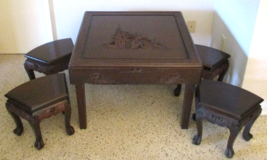 Antique Chinese Hand Carved Rosewood Square Folding Game Table and Stools 5 Pc  - £2,525.72 GBP