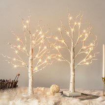 White Birch Tree with LED Lights - Set of 2, Tabletop Tree with Timer, C... - $27.75