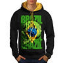 Wellcoda Brazil Flag Mens Contrast Hoodie, Country Soccer Casual Jumper - £31.46 GBP