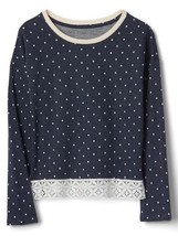 Gap Kids Girls Top 14 16 Navy Blue Polka Dot French Terry Long Sleeve Lace Trim - $26.68