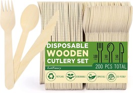 200 Natural Disposable Wooden Spoons Knives Forks Cutlery Biodegradable Utensils - £22.37 GBP