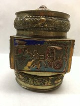 Antique Chinese Polychrome Enamel Brass Repousse Tea Caddy Box Jar Trinket Horse - £27.68 GBP