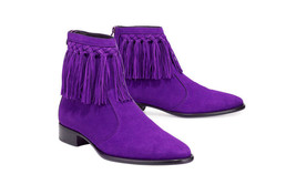 Mens Cow Boy High Ankle Purple Color Suede Leather Handmade Fringe Boots - $159.99+