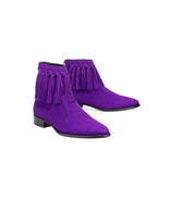 Mens Cow Boy High Ankle Purple Color Suede Leather Handmade Fringe Boots - $218.81 CAD+