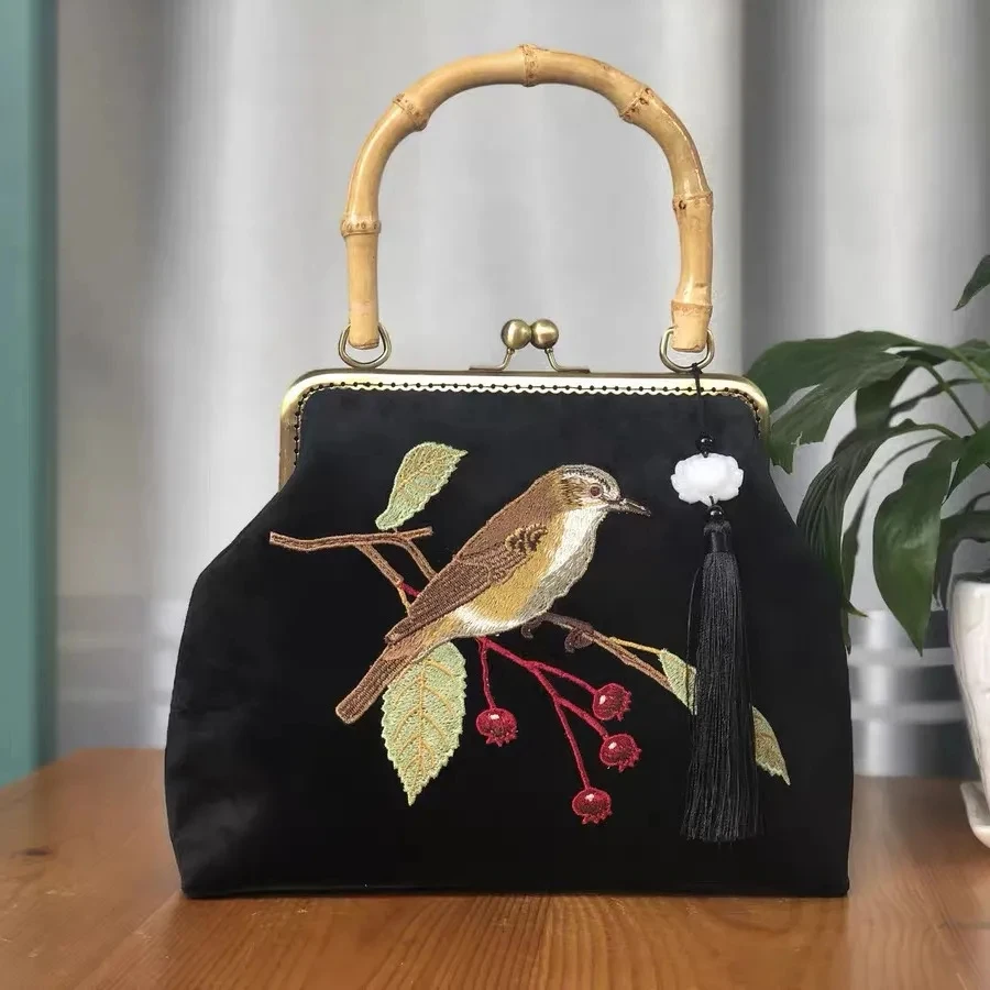 Embroidery Bird Fringe Bag Wood Hand Vintage Fashion Tote Women&#39;s Handbags Purse - £76.49 GBP