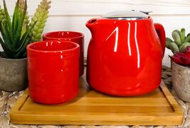 Bright Red Contemporary Ceramic 20oz Tea Pot With 2 Cups And Bamboo Tray... - $27.99