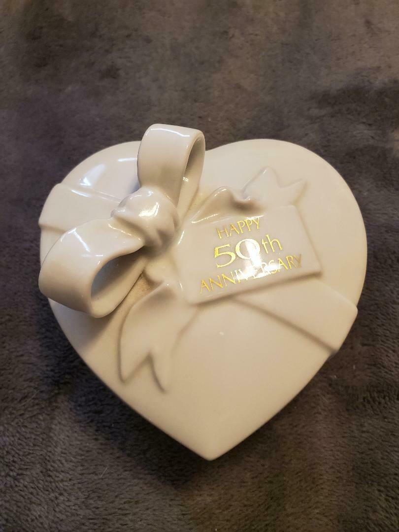 Primary image for HAPPY 50TH ANNIVERSARY GENUINE PORCELAIN KEEPSAKE HEART SHAPED BOX