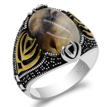 Natural Agate Men Ring 925 Sterling Silver with Big Oval Stone &amp; Black CZ Vintag - £38.96 GBP