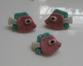 Signed Shiny Pink, Blue, White Enamel  Fish Brooch &amp; Earrings 1992 - $32.66