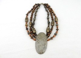 Vintage Costume Jewelry, Statement Necklace, African Style, Wood Beads and Stone - £23.25 GBP