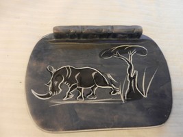 Polished Blue Stone Soap Dish or Change Tray With Rhino &amp; Tree, Hand Made - $80.00