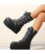 Black Gothic Motorcycle Boots Zip High Heel Punk Chunky Platform Mid-Calf Women  - £57.46 GBP