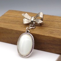 Vintage Bow Brooch with Dangling White TIgers Eye Oval, Graceful Lapel Pin - £20.06 GBP