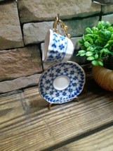 Miniature Blue and White And gold tea cup with saucer with gold display ... - $19.35