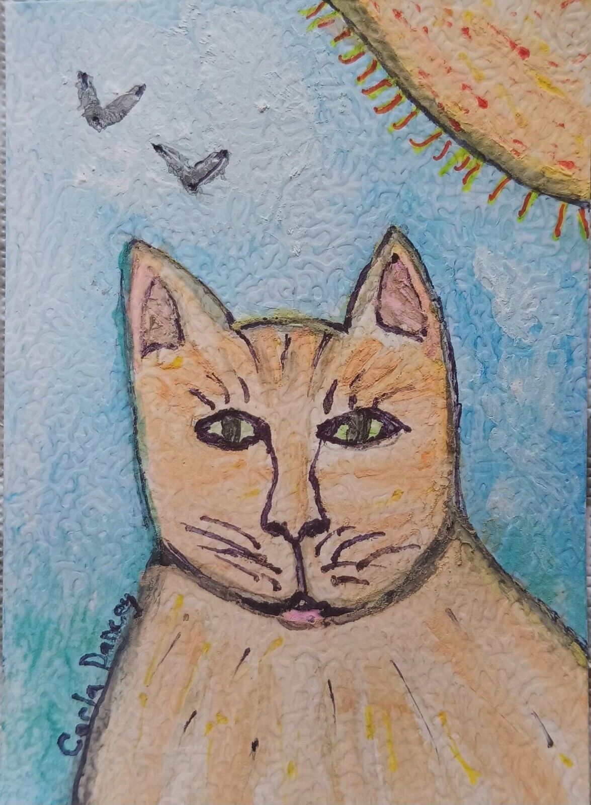 ACEO Original Cat Sun Acrylic Painting Signed 2.5 x 3.5 Collectible Mini... - $1.82