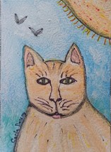 ACEO Original Cat Sun Acrylic Painting Signed 2.5 x 3.5 Collectible Mini ATC Art - £1.45 GBP