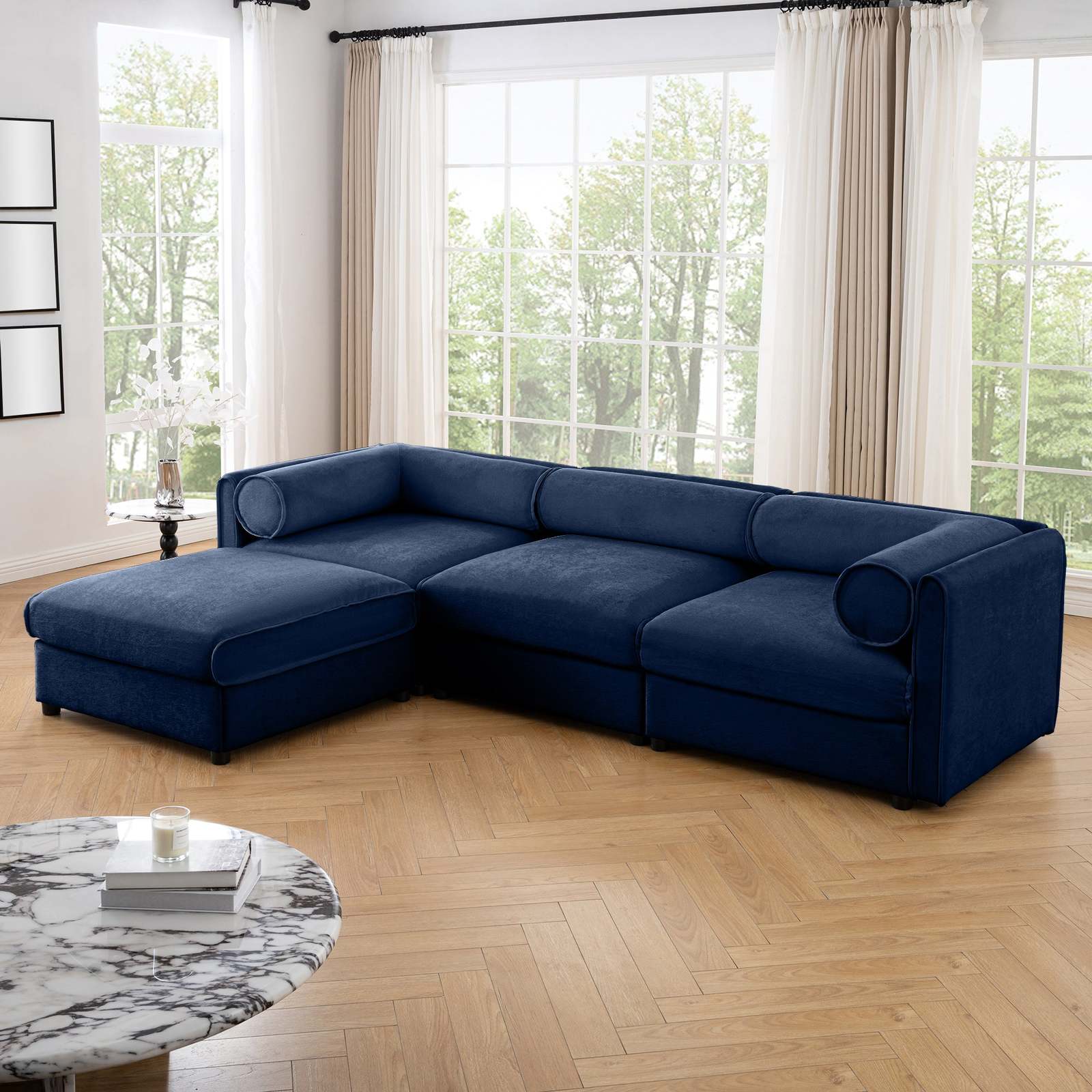 Elegant Blue Chenille L-Shaped Sofa with Storage Ottoman Item image 5