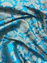 Indian Banarasi Brocade Fabric Blue &amp; Gold Fabric Wedding Dress Fabric -NF604 - £5.89 GBP+