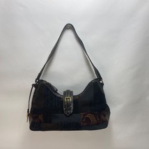 Fossil Handbag Womens Black Patchwork Leather Suede Shoulder Strap Zip Top - £27.66 GBP
