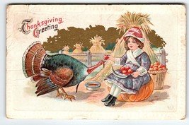 Thanksgiving Postcard Girl Feeds Turkey Apples Vintage 1915 Series M 132 Emboss - $7.20