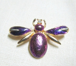 Vintage Purple Enamel Insect Pin with Rhinestone 1 1/2&quot; Wide Goldtone - £7.01 GBP
