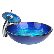 Modern Blue Glass Bathroom Vessel Sink and Faucet with Chrome Drain - $5,237.65 MXN