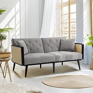 62 Inch Velvet Sofa With Rattan Armrests And 2 Pillows, Loveseat Sofa Wi... - $741.99
