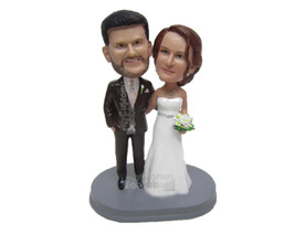 Custom Bobblehead Charming Wedding Couple In Wedding Attire With A Bouquet In Ha - £121.50 GBP