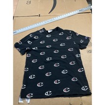 Champion Black Logo Print Shirt, Medium, All Over Print Crew Neck Tee, Heritage - $14.85