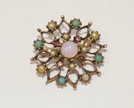 Antique Faux Pearl Iridescent &amp; Turquoise Bead Brooch Pin - £19.58 GBP