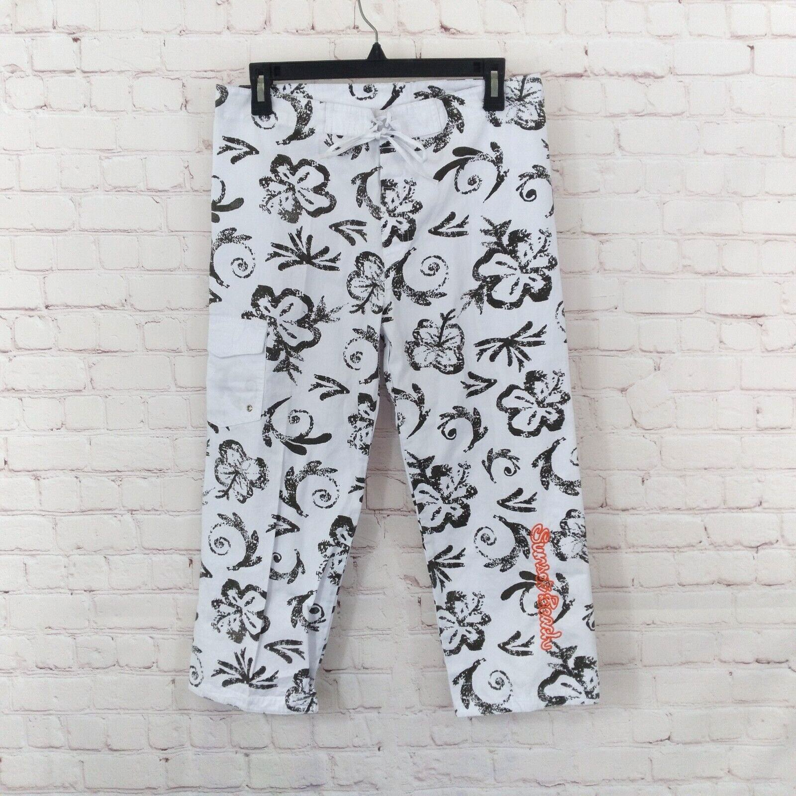 Sunset Beach Pants Women 8 White Floral Capri High Rise Casual Beach Lig... - $24.99