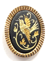 Vintage Bird Vines Leaves Floral Scrollwork Oval Pin Black Gold Damascen... - €16,18 EUR