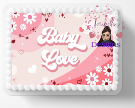Pink Baby Shower, Retro Groovy Baby Love Themed Edible Girl Birthday Cake Topper - £11.89 GBP+