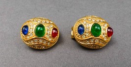 Christian Dior Vintage Multi Color Gripoix Cabochon Glass Gold Clip On Earrings - £638.67 GBP