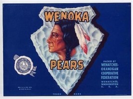 WENOKA  Washington Pears Box Label Indian Arrowhead Wenatchee Okanogan Coop - $14.83