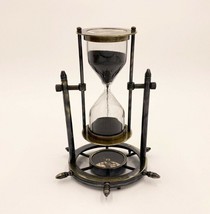 Brass Antique Sand Timer Hourglass With Wheel Compass Base &amp; Hanging Decor Item - £32.16 GBP