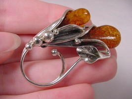 (pin64-1) Orange AMBER Calla Lily .925 Sterling SILVER brooch Poland Jewelry - $70.11