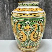 Vintage Italian Pottery Vase Majolica Hand Painted Phoenix Birds Gold Gr... - $87.12