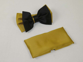 Men's 2-Tone Bow Tie/Hankie Set By J.Valintin Satin Silky JVBT-41 Black Gold image 2