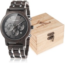 Mens Wooden Watch Luxury Wood Metal Strap Chronograph And Date (Metal Black) - £101.37 GBP